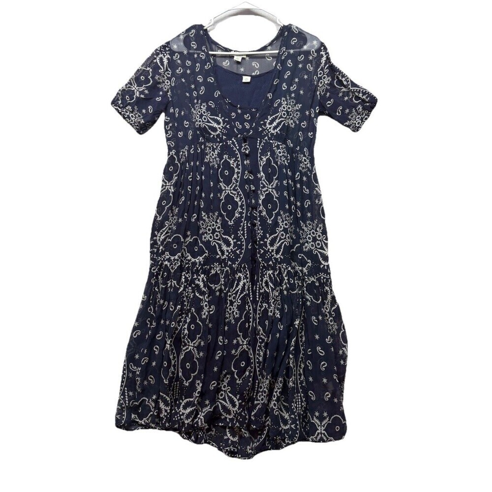 SUNDANCE Dress P S Brielle Bandana Paisley Sheer Chiffon Lined Button Front Blue